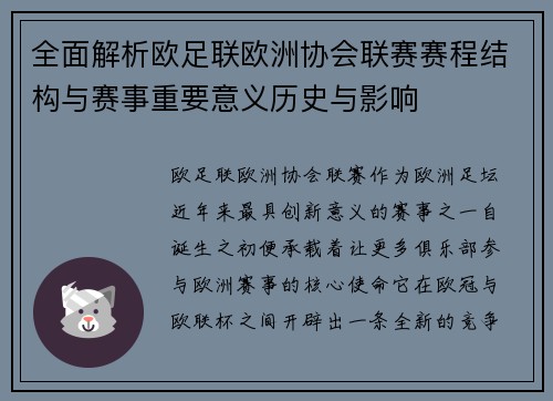 全面解析欧足联欧洲协会联赛赛程结构与赛事重要意义历史与影响